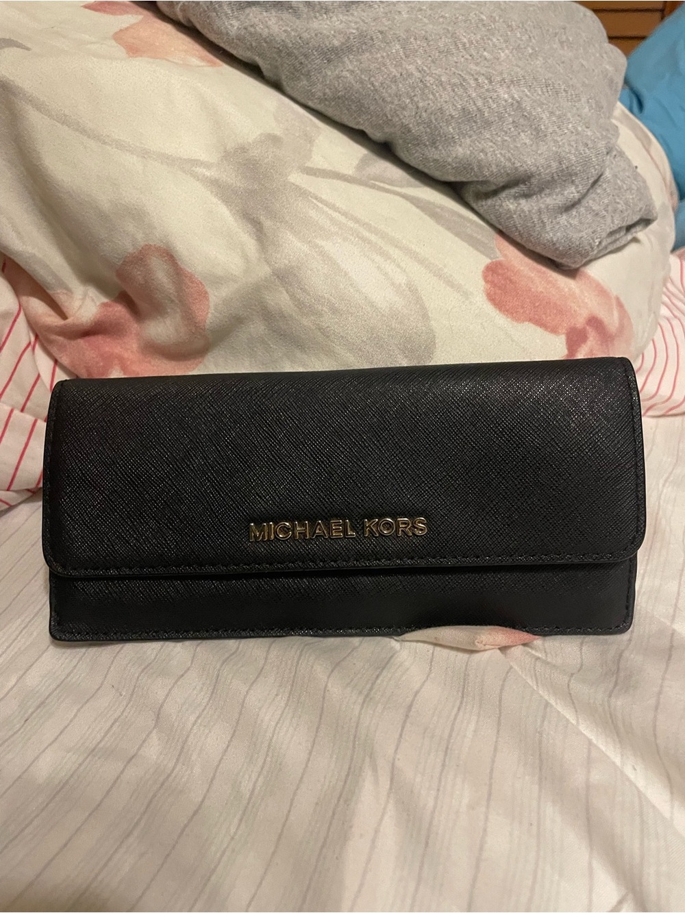 Michael Kors Black Leather Saffiano Clutch Wallet with Gold Logo